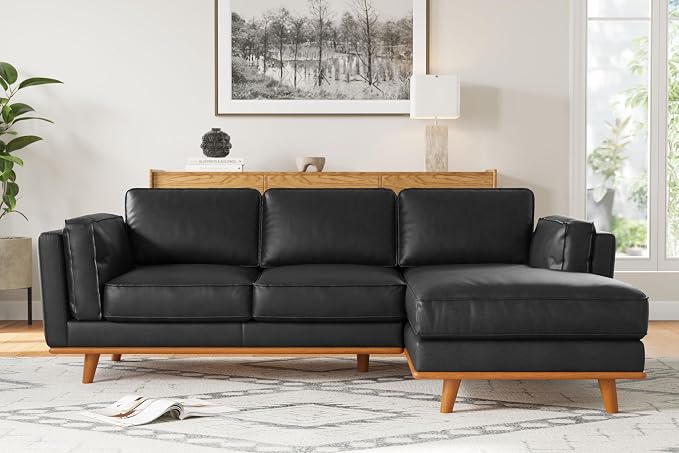 Valencia Artisan Full Leather Sofa - Right Chaise Sectional Couch - Pure Full Italian Nappa Leather Couch, Solid Wood Accent and Ultimate Comfort, Black