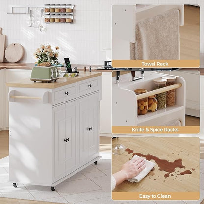 58 Inch Kitchen Island with Storage Cabinet, Island Table for Kitchen, Rolling Islands Cart with Power Outlet, Adjustable Shelves, Drawers, Spice and Towel & Knife Racks, White