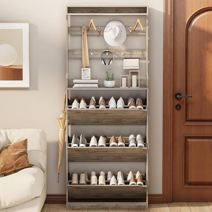 Shoe Cabinet for Entryway with 3 Flip Drawers, Grey Tall Wood Shoe Storage Cabinet with Coat Rack, Narrow Hidden Slim Freestanding Shoe Rack Organizer, 2 in 1 Hall Tree for Living Room, Hallway