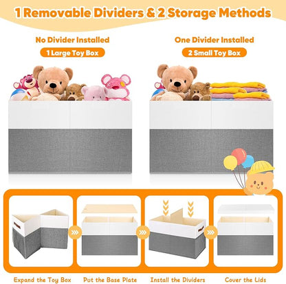 Mabahoo Large Toy Box, Collapsible Sturdy Storage Chest With Lids, Kids Toy Chest Storage Organizer Toddler Bin Boxes for Living Room, Bedroom, Nursery, 25"x13"x16", White & Gray