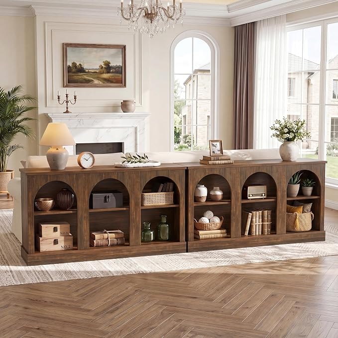 Tribesigns Farmhouse Console Table Set of 2, Extra Long Entryway Table with 3 Tier Storage, Wooden Rectangular Sofa Table Behind The Couch for Entrance, Hallway, Living Room, Dark Brown