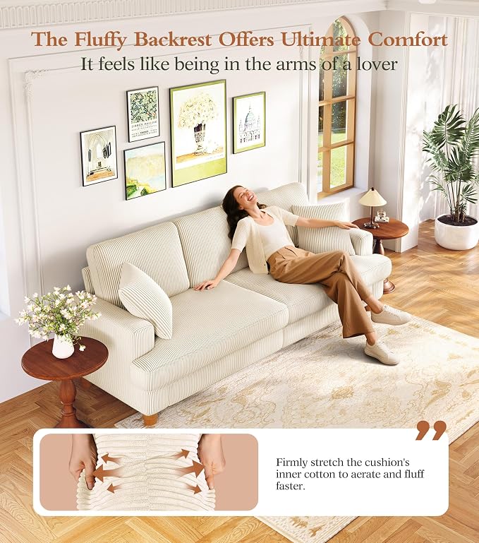 Kidirect 87in U Shaped Couch, Modular Sofa No Tool Assembly, Comfy Sectional Couches for Living Room 21in Deeper Seats, Corduroy Sofas for Living Room with 2 Pillows, Loveseat Sofa Set, Beige Couch