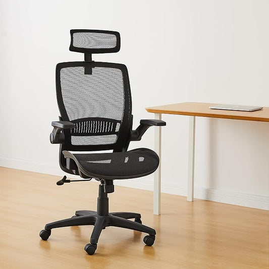 Amazon Basics Ergonomic High-Back Office Chair, Breathable Mesh, 360° Swivel, Easy to Assemble, Comfortable Flip-Up Armrests, 25.5"D x 26.25"W x 49.25"H, Black
