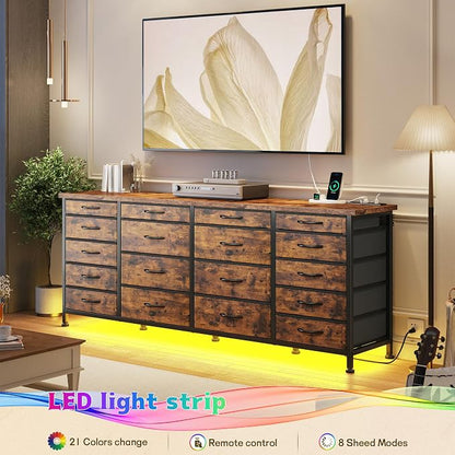EnHomee 63" W TV Stand for 75" TV, 18 Drawers with LED & Charging, Brown | Long Dresser for 65"-75" TV, Deep Drawer, Spacious Storage, Drawers Glide, No Wobbling, Anti-tip, Easy Assembly, Wipes Clean