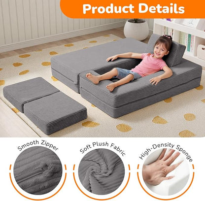 MeMoreCool Modular Kids Couch – Light Grey Foam Play Sofa Bed Convertible Toddler Couch | Soft Corduroy Cover | Washable | Bedroom & Playroom Furniture