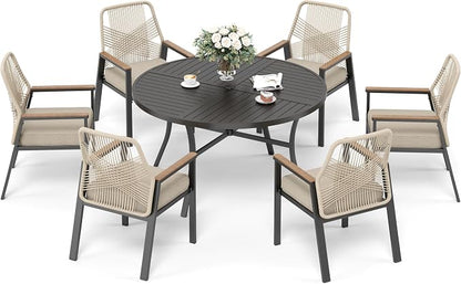 SUNSHINE VALLEY 7 Pieces Patio Dining Set, 6 x Woven Rattan Chairs with Waterproof Cushion, 54” Metal Round Dining Table with Umbrella Hole, Outdoor Table and Chairs Set for Backyard Lawn and Deck