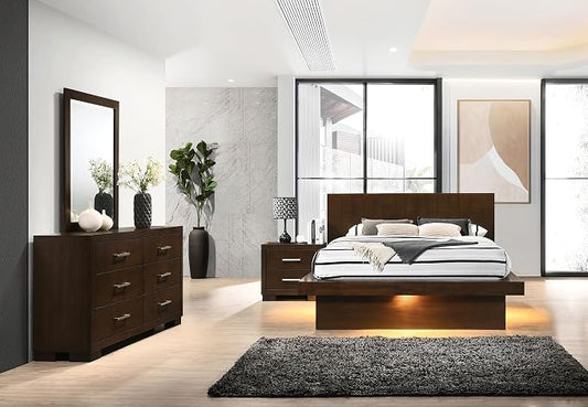 Coaster Home Furnishings Jessica Contemporary 4-Piece Bedroom Set Eastern King Size LED Panel Bed Frame 43-inch Headboard Cappuccino 200711KE-S4