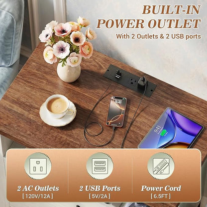 Aheaplus Nightstand with Charging Station, 23.6'' Large Bed Side Table with Wooden 2 Drawers, Night Stand for Bedroom, End Table with Open Storage Shelf for Living Room, White & Brown