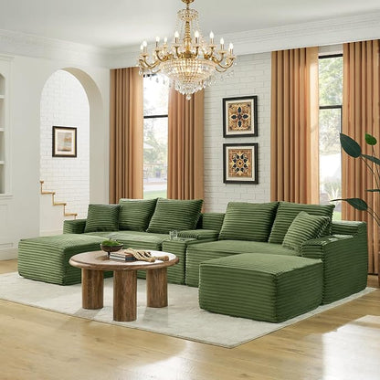 127" U-Shaped Cloud Sectional Couch Oversized Modular Compressed Boneless Sectional Sofa with Ottoman Chaise Lounges & Console, Plush Corduroy Boneless Symmetrical Sofa