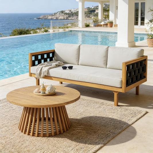 Merax 2 Piece Acacia Wood Outdoor Conversation Set, 3-Seater Outdoor Daybed Sofa with Cushions & Round Coffer Table, Weather-Resistant Patio Furniture Set for Garden Backyard Balcony, Light-Grey