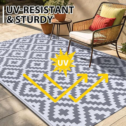 Smiry Waterproof Outdoor Rug 6x9 ft, Reversible Plastic Straw Patio Camping Rugs, Outdoor Indoor RV Mat Carpet for Patio, Outside Entry, Backyard, Deck, Bench, Picnic, Camper, White & Grey