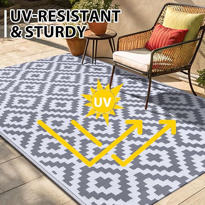 Smiry Waterproof Outdoor Rug 5x8 ft, Reversible Plastic Straw Patio Camping Rugs, Outdoor Indoor RV Mat Carpet for Patio, Outside Entry, Backyard, Deck, Bench, Picnic, Camper, White & Grey