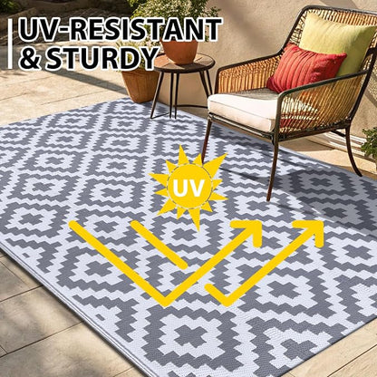 Smiry Waterproof Outdoor Rug 9X18 ft, Reversible Plastic Straw Patio Camping Rugs, Outdoor Indoor RV Mat Carpet for Patio, Outside Entry, Backyard, Deck, Bench, Picnic, Camper, White & Grey