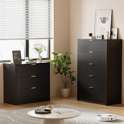 Furniway Black Dresser for Bedroom, Modern Dresser with 5 Drawers and Smooth Slides, Wide Chest of Drawers with Golden Handles for Bedroom, Living Room, Closet, 15.7" D x 31.5" W x 47.2" H