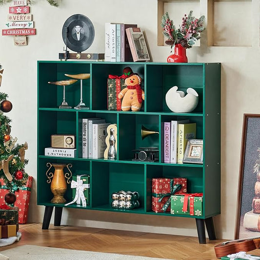 LEYAOYAO 10 Cube Bookshelf,3 Tier Modern Wide Bookcase with Legs,Mid-Century Wood Bookshelves Storage,Dark Green Large Book Case,Freestanding Organizer Display Shelf for Bedroom,Living Room,Office