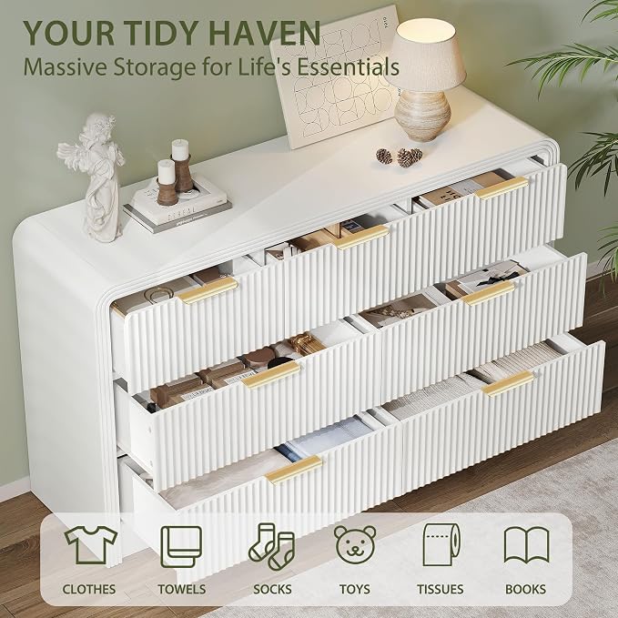 Decofy Fluted Drawers Dresser for Bedroom, Wood Dressers with Gold Handles, Modern Dressers with Wave Texture, Large Storage Chest of Drawers, Bedroom Dresser Organizer 55'' & 7 Drawers ((Pure White)
