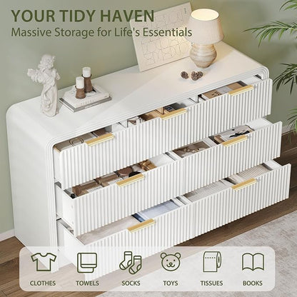 Decofy Fluted Drawers Dresser for Bedroom, Wood Dressers with Gold Handles, Modern Dressers with Wave Texture, Large Storage Chest of Drawers, Bedroom Dresser Organizer 55'' & 7 Drawers ((Pure White)