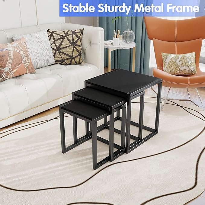 Nesting Table Set of 3 Side Tables, Modern Coffee Table Stacking End Table with Metal Frame，Black