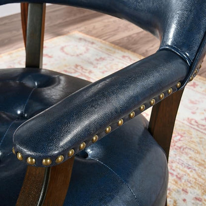LEEMTORIG Set of 2 Dining Chairs with Casters and Arms, Large Rolling Dining Chairs with Wheels, Accent Poker Table Chairs, Solid Wood Boss Caption's Chairs, Espresso Legs & Dark Blue PU SY-318-LB02