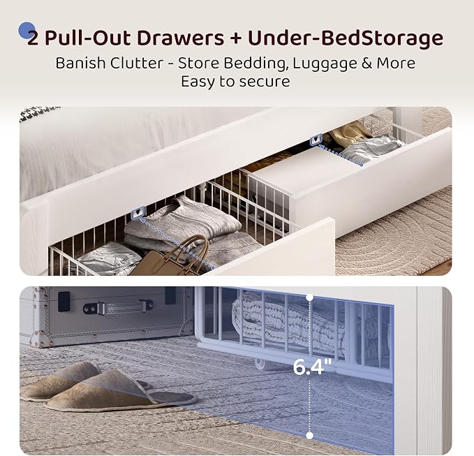 BRELTAM King Bed Frame with Headboard & Storage Drawers Metal Upholstered Platform Bed King Size with 2-Tier Storage, LED Light & Charging Station,No Box Spring Needed,Easy Assembly,White