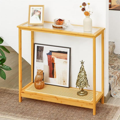 Bamboo Narrow Console Table, 31.5"(L) Wood Small Entryway Table with Rattan and Glass, Accent Slim Hallway Tables, Thin Sofa Side Tables for Hallway, Living Room, Foyer, Burlywood