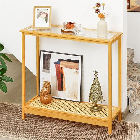 Bamboo Narrow Console Table, 31.5"(L) Wood Small Entryway Table with Rattan and Glass, Accent Slim Hallway Tables, Thin Sofa Side Tables for Hallway, Living Room, Foyer, Burlywood