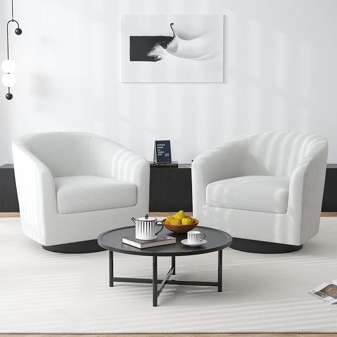 Swivel Barrel Accent Chair, Modern Round Chenille Fabric Arm Chair for Living Room, Bedroom, Comfy Club Reading Chairs for Adults（Chenille Fabric, Beige, Set of 4