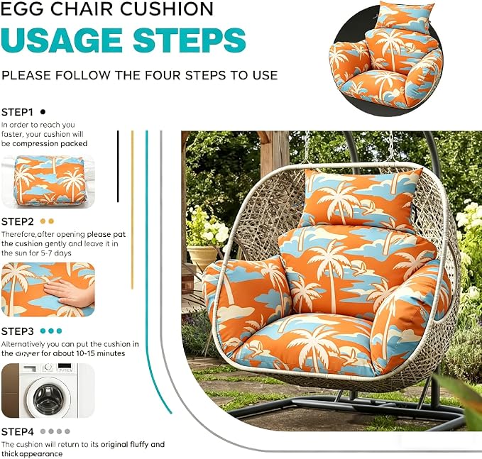 Egg Chair Cushion Replacement, Waterproof Thicken Hanging Egg Swing Chair Cushion for Outdoor Furniture, Wicker Rattan Hammock Basket Cushion with Headrest Pillow 47x31.5x4.7 inch(Orange Coconut Tree)