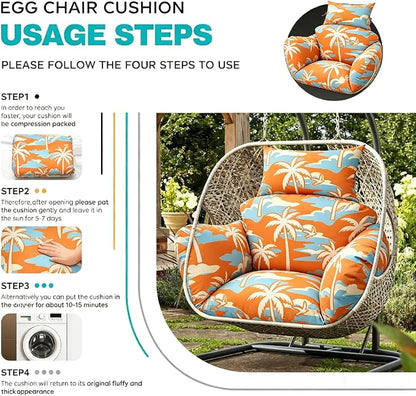 Egg Chair Cushion Replacement, Waterproof Thicken Hanging Egg Swing Chair Cushion for Outdoor Furniture, Wicker Rattan Hammock Basket Cushion with Headrest Pillow 47x31.5x4.7 inch(Orange Coconut Tree)