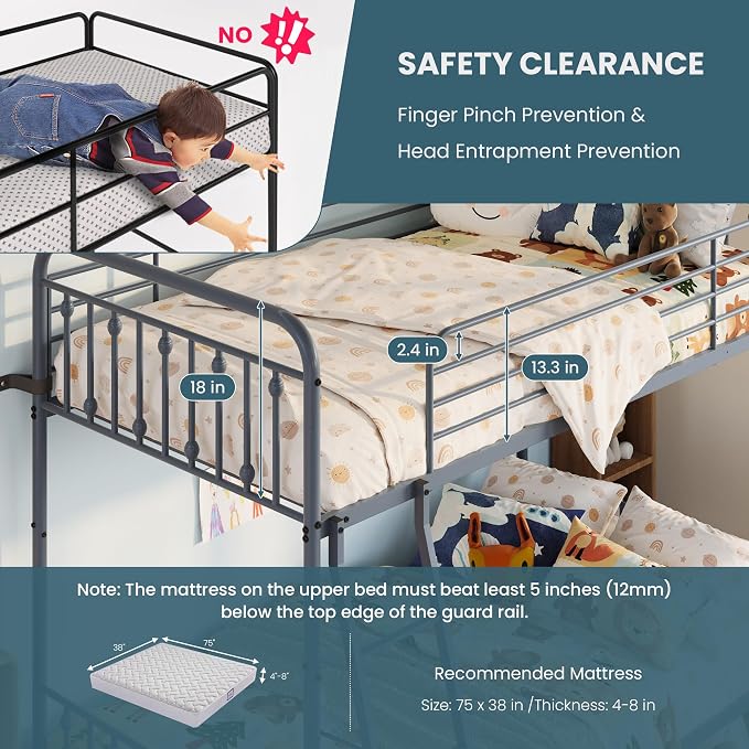 SHA CERLIN Convertible Twin Over Twin Bunk Bed, CPC Certified,Gray | Victorian Iron-Art Headboard and Footboard,Space-Saving Metal Bunk Bed with Guardrail & Ladder,No Box Spring Needed
