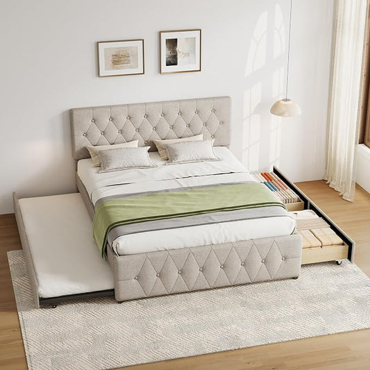 Queen Bed Frame with 2 Wood Storage Drawers & Pull‑Out Trundle Bed,Upholstered Platform Bed Frame Queen Size with Adjustable Headboard,Wooden Slats Support,No Box Spring Needed,Taupe