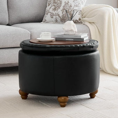 WUTUTUEE 24Inch Round Storage Ottoman with Tray, Modern Tufted Leather Circle Coffee Table with Storage, Upholstered Ottoman with Removable Top for Living Room, Bedroom, Leather Black
