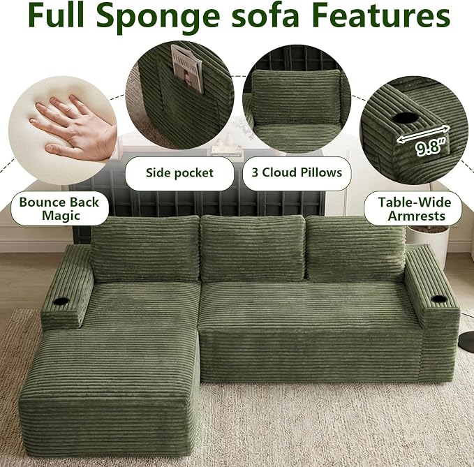 104.3" Modular Sectional Sofa,Modern Corduroy Cloud Couch with Cup Holder & Side Pockets,Boneless Couch Upholstered 3-Seater L-Shaped Sofa for Living Room,No Assembly (Green, Left-Facing Chaise) | with Cup Holder