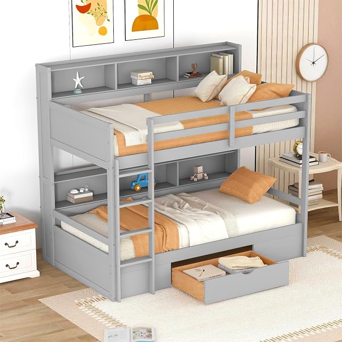 RUNNA Twin Bunk Bed with Storage Drawer,Shelves,Ladder,Gray | Twin bunk bed with storage drawer, shelves, ladder, guardrails, solid wood, no box spring needed, white, kids teens