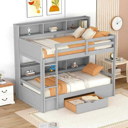 RUNNA Twin Bunk Bed with Storage Drawer,Shelves,Ladder,Gray | Twin bunk bed with storage drawer, shelves, ladder, guardrails, solid wood, no box spring needed, white, kids teens