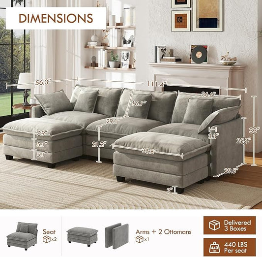 WorthFurni 111.4” Modular Sectional Sofa, U Shape Cloud Couch with 2 Movable Ottoman, Comfy Chenille Deep Seat Sofa with Soft Pillows for Apartment Living Room Bedroom（Grey）