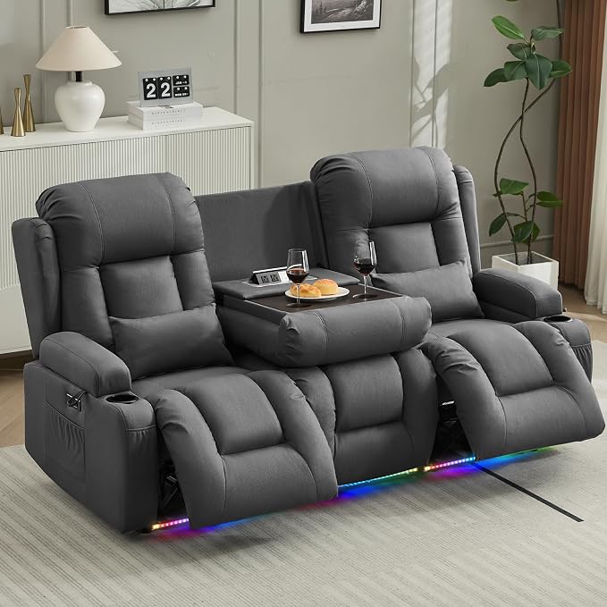 URRED Power Loveseat Recliner Sofa with Massage and Heat, Wall Hugger Reclining Loveseat with Console, RV Couch Home Theater Seating with LED Lights for Living Room (Gray, 76.8" - 3 Seats)