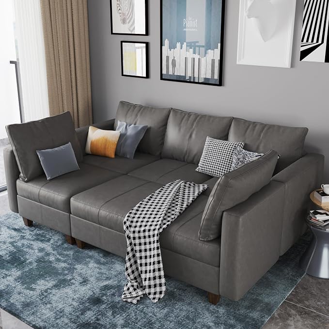 EASE MOOSE Faux Leather Modular Sofa Sectional Sofa Bed with Storage, Faux Leather Sectional Sofa Sleeper Sectional Couch for Apartment