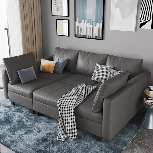 EASE MOOSE Faux Leather Modular Sofa Sectional Sofa Bed with Storage, Faux Leather Sectional Sofa Sleeper Sectional Couch for Apartment