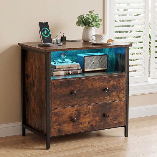 27 Inch LED Nightstand with Charging Station, 2 Drawers, Retro | Solid Wood and Steel Frame, 2 AC Outlets, 2 USB Ports, RGB App Control, Open Storage, Adjustable Feet, for Bedroom or Office
