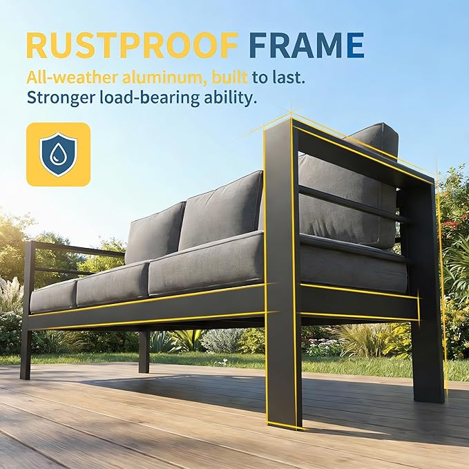 Solaste Aluminum Patio Furniture Set for All Weather, Oversized Metal Outdoor Furniture Set with 27.5" Deep Seating and 3.2" Wide Armrest, Outdoor Patio Conversation Sets with 10" Back Cushion, Gray