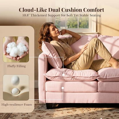 Loveseat Sofa with Cloud 3-Layer Cushion & 27" Deep Seat, Modern Love Seat Small Couch with 2 Washable Pillows for Small Spaces, Bedroom, Apartment, Office, Living Room, in a Box, 50-Inch Blush Pink