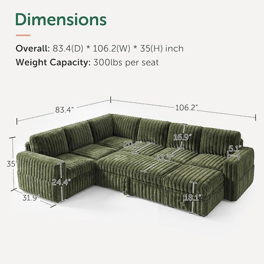 HONBAY Plush Corduroy Modular Sectional Sofa with Pull Out Bed, Convertible U Shaped Couch with Storage,Sleeper Sectional Couches for Living Room,Plush Green