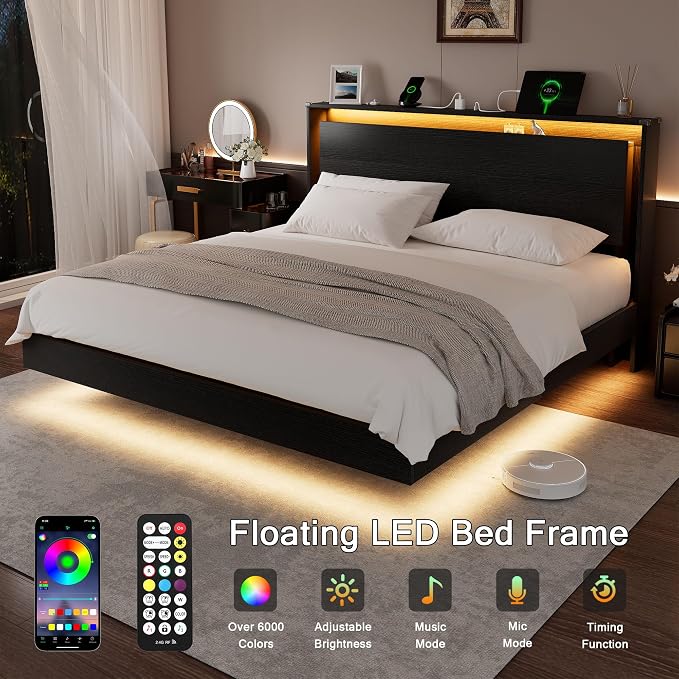 Einhomn King Size Bed Frame with LED Lights & Charging Station – Wood Floating Bed Frame with Storage Headboard, Adhesive Slats, Kick-Free & Noise-Free Design, Easy Assembly, Black