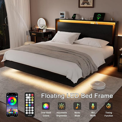 Einhomn King Size Bed Frame with LED Lights & Charging Station – Wood Floating Bed Frame with Storage Headboard, Adhesive Slats, Kick-Free & Noise-Free Design, Easy Assembly, Black
