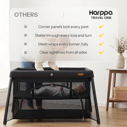 HARPPA Travel Crib, Lightweight Portable Crib Requires No Assembly, Foldable Pack and Play for Baby and Toddlers, Compact Play Yard with Bed,Black