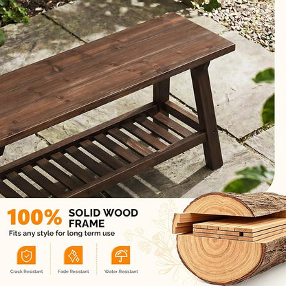 VINGLI Rustic Storage Bench, Solid Wood Seat with Storage Shelf, Indoor Outdoor Shoe Rack, 450lbs Capacity Small Outdoor Bench for Mudroom Entryway Patio Porch (Brown, 43in)