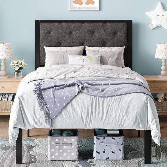 SHA CERLIN Twin Size Metal Bed Frame with Linen Tufted Headboard, Dark Gray | Modern Design Heavy-Duty Platform Bed, No Box Spring Need, Linen Fabric Upholstery, Noise Free, Easy Assembly