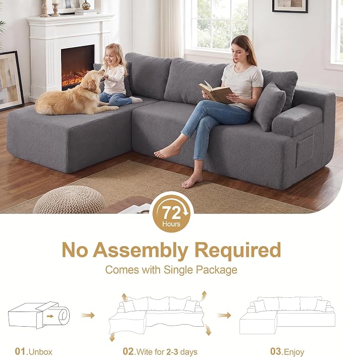 Hobestluk Modular Sectional Sofa Couches L-Shape Couch 3 Seat Modular Sofa Memory Foam Sectional Couches for Living Room, Cloud Couch with Oversized Chaise (Grey Smooth, 96", Left Hand Facing)