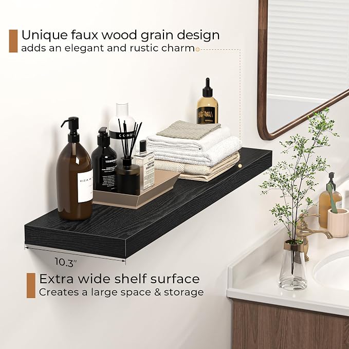 Floating Shelves - 10.3 Inch Deep Wall Shelf for Decor & Storage - Wall Mounted Display Shelving with Invisible Heavy-Duty Metal Bracket - 36" W x 10.3" D x 1.8" H - Set of 1 - Rustic Black